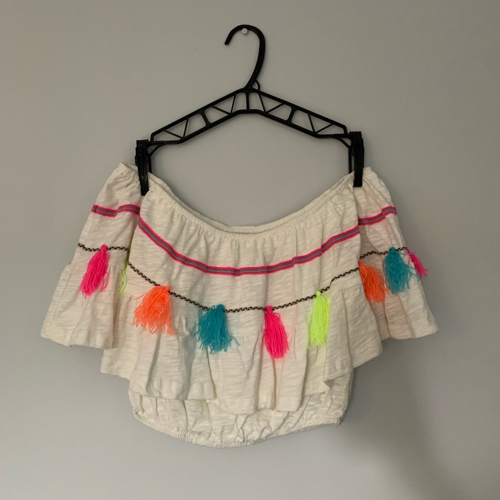 White and neon off the shoulder crop top